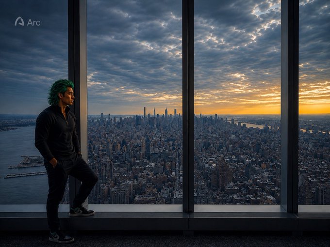 A digital artwork with an 'Arc' watermark showing a person with green hair in black clothing standing by a large window, looking out at a city skyline at sunset.