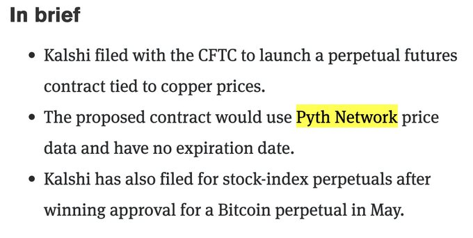 A text snippet titled 'In brief' about Kalshi's CFTC filing, with bullet points mentioning the proposed contract would use 'Pyth Network' price data (highlighted in yellow) and have no expiration date.