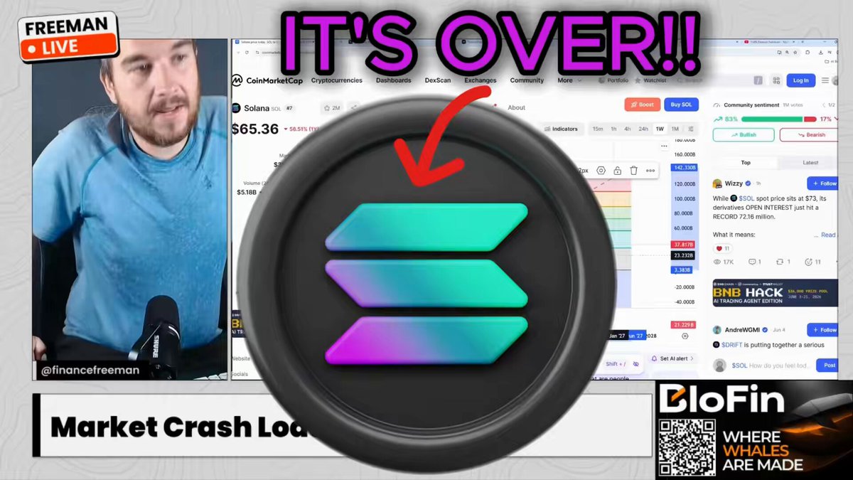 A graphic with a logo for the Ethereum cryptocurrency "Solana" priced at 8 USDC displayed against a gray background. The phrase "It's over!" is written above the logo, suggesting that the price has dropped below 8 USDC.