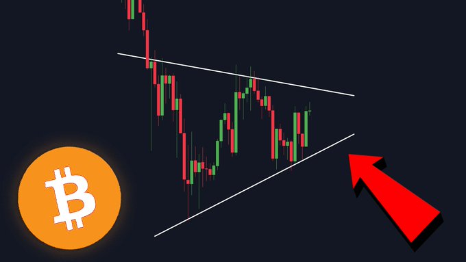 In the image, there are two coins floating against a dark background - one of them as an orange bitcoin symbol with another coin next to it that says "bitcoin", and they both have red arrows pointing downwards towards each other. The scene likely represents a cryptocurrency forecast or financial analysis. The content of the post is a Bitcoin chart, indicating a decline in Bitcoin's value over time.