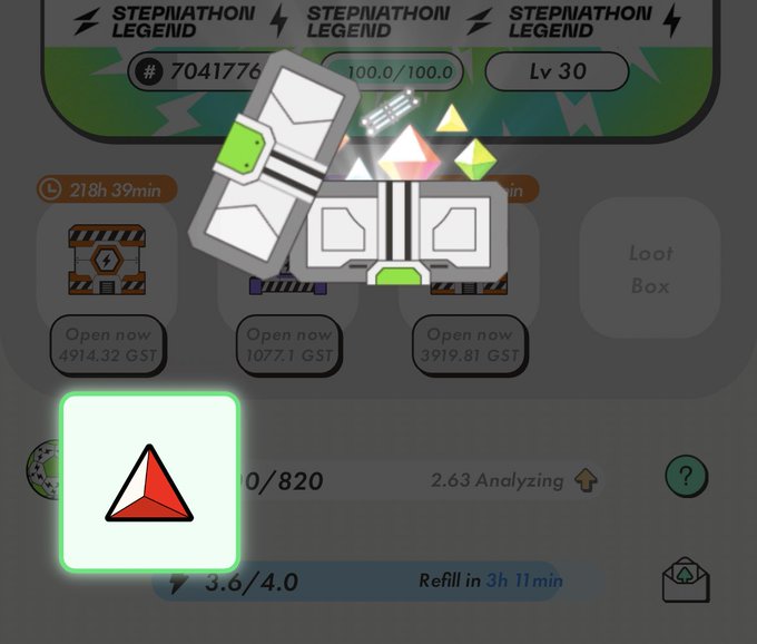 The image shows a screenshot of an app's settings page, with a green triangle symbol located at the bottom center of the screen. The text "Stepnathon Legend" can be seen above this symbol.