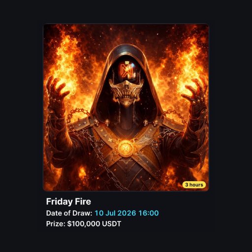 A hooded, fire-wreathed skeletal warrior with glowing claws raises its hands against a blazing backdrop, promoting the **Friday Fire** giveaway on **MetaWin**. The promotional graphic highlights a draw date of **10 Jul 2026 16:00** and a prize pool of **$100,000 USDT**, with a "3 hours" countdown badge indicating the draw is imminent — matching the post's call that 15 winners will be chosen in 3 hours for anyone depositing over $33 on metawin.com.