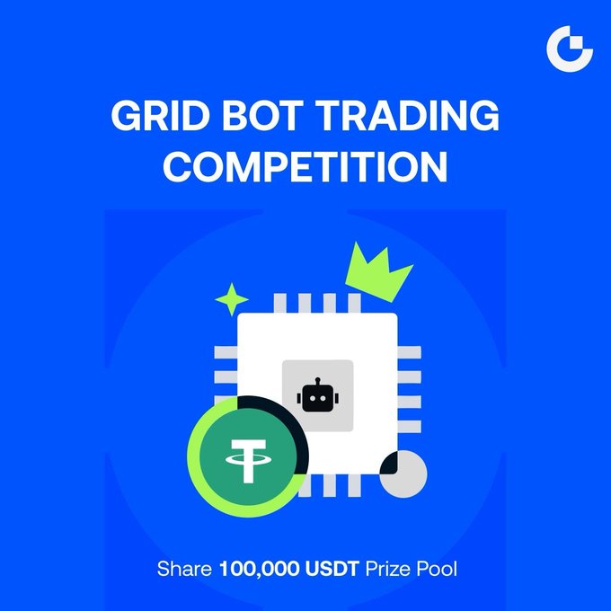 A bright blue promotional poster reads “GRID BOT TRADING COMPETITION” and “Share 100,000 USDT Prize Pool,” with stylized crypto and trading graphics.