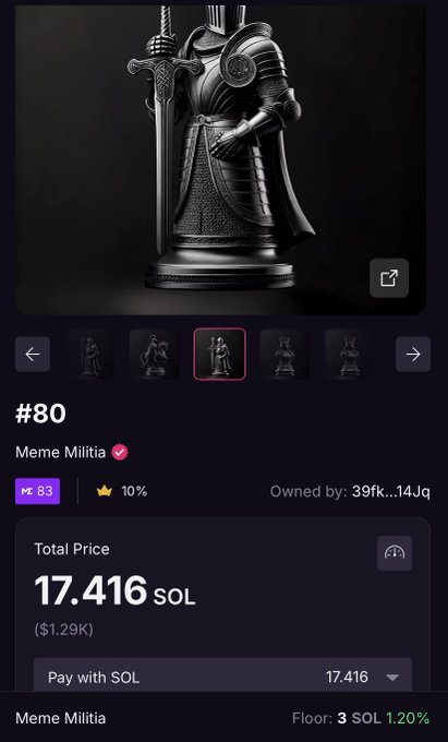 An NFT marketplace listing for 'Meme Militia' #80, showing a dark knight figurine holding a sword, priced at 17.416 SOL ($1.29K) with a 10% royalty and a floor of 3 SOL.