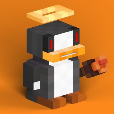 A 3D voxel-style rendering of a cute penguin character with a halo, red eyes, and a small brown object in its wing, set against an orange background.