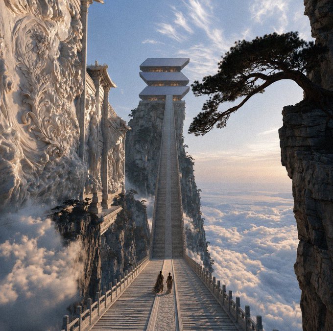 A fantasy digital artwork depicting a long stone bridge leading to a multi-tiered temple structure atop a misty mountain peak, with two small figures walking on the bridge and a pine tree in the foreground.