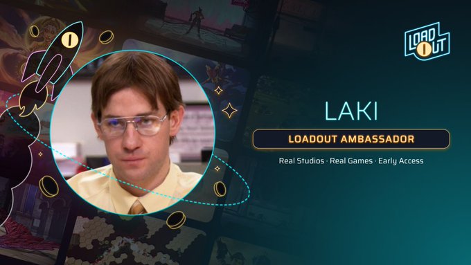 A promotional graphic introducing 'LAKI' as a Loadout Ambassador for Real Studios, featuring a portrait of a young man with glasses against a teal background with decorative space-themed doodles.