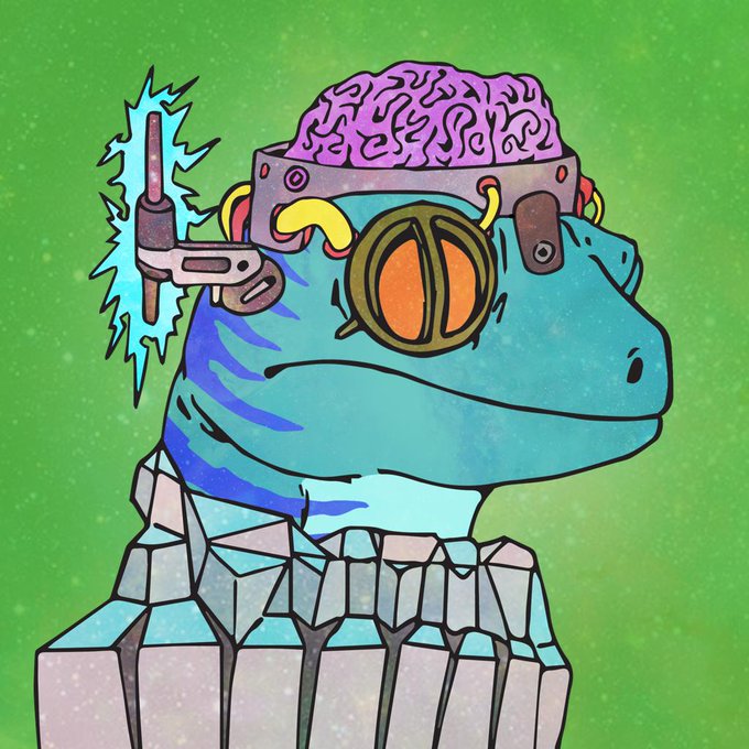 A colorful digital illustration depicts a blue frog-like creature with an exposed pink brain in a metallic cap, wearing steampunk goggles and a blue diamond-patterned jacket, with a glowing cyan spiked weapon attached to its head.