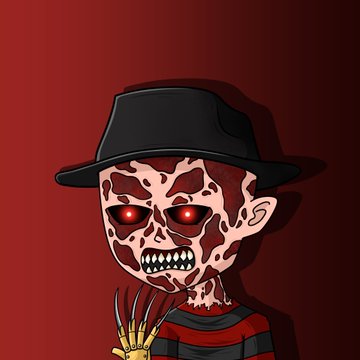 The image features a cartoon character with red skin, wearing a black hat and striped shirt. The character has large, red eyes that give them an eerie appearance. They are holding a knife in their hand, which adds to the overall spooky atmosphere of the scene. The caption "Punks on @xrpcafe xrp.cafe/collection/met" suggests that this image is part of a collection or series related to the character "Punks".