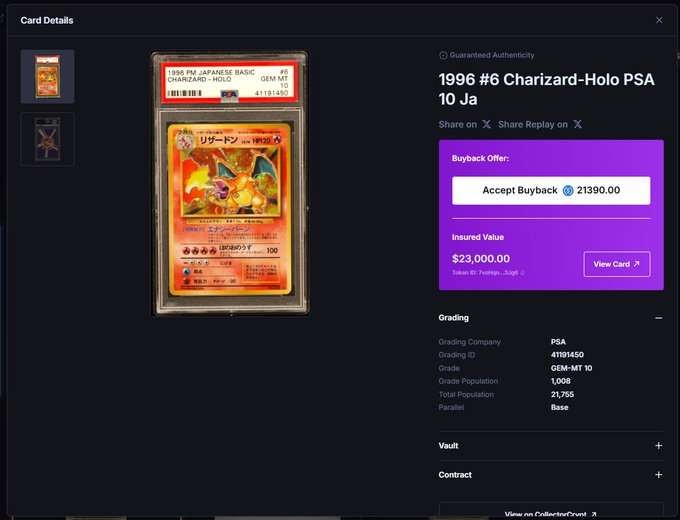 A screenshot of a card listing on Collector Crypt showing a 1996 Pokémon Japanese Base Set PSA 10 Charizard-Holo with an insured value of $23,000.00 and a buyback offer of $21,390.00, displaying PSA grading details (GEM-MT 10) and population data (1,008 grade population out of 21,755 total). The image relates to the post by illustrating the high-value prize someone could win from the $5000 pack on Collector Crypt.