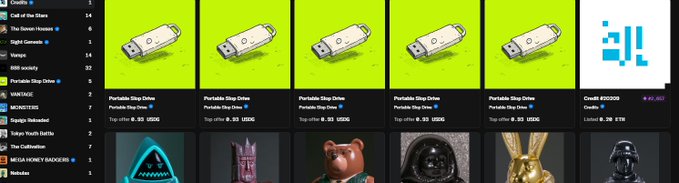 A screenshot of an NFT marketplace page showing multiple identical listings of a 'Portable Slop Drive' collectible with a top offer of 0.35 USDC, alongside a 'Credit #202206' token.
