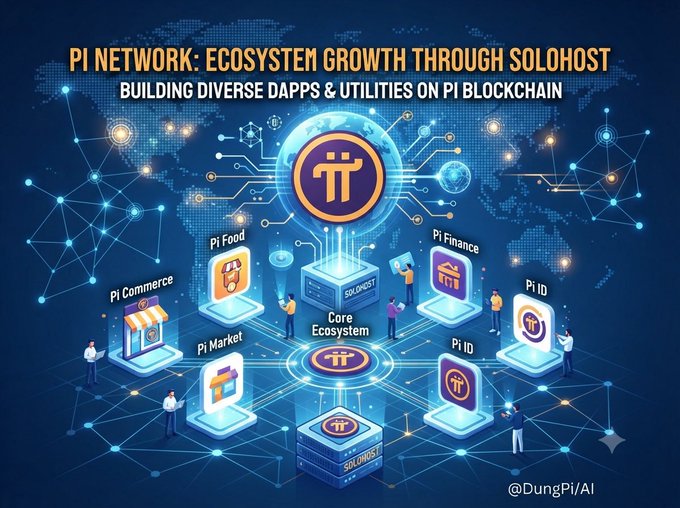 A digital infographic titled 'PI NETWORK: ECOSYSTEM GROWTH THROUGH SOLOHOST - BUILDING DIVERSE DAPPS & UTILITIES ON PI BLOCKCHAIN' showing the Pi logo connected to various services like Pi Commerce, Pi Food, Pi Market, and Pi Finance, credited to @DungPi/AI.
