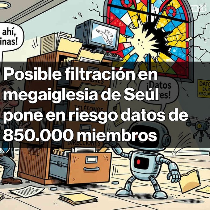 A cartoon illustration depicting a data breach at a megachurch, with a robot examining files near a stained-glass window, overlaid with Spanish text: 'Posible filtración en megaiglesia de Seúl pone en riesgo datos de 850.000 miembros'.