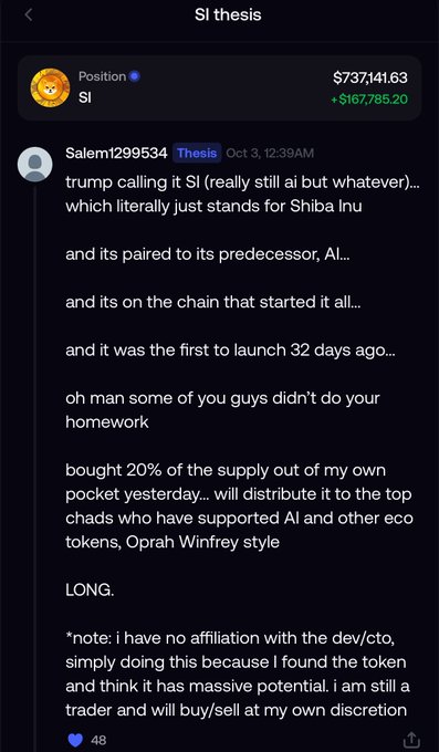 A Discord-style screenshot of a post by user 'Salem1299534' in the 'SI thesis' group, discussing a cryptocurrency token, its 20% supply purchase, and potential mass distribution.