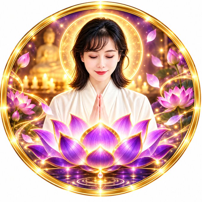 A serene digital artwork depicts a woman with closed eyes and hands pressed together in prayer, surrounded by a glowing gold frame, pink lotus flowers, and a golden Buddha statue in the background.