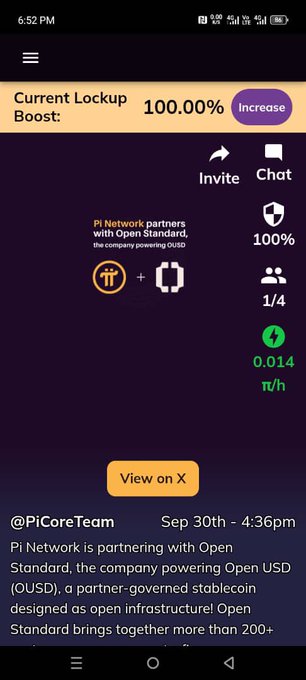 A Pi Network dashboard screenshot shows a 100.00% Current Lockup Boost with a "View on X" button displaying the @PiCoreTeam tweet from Sep 30th at 4:36pm about Pi Network's partnership with Open Standard and Open USD (OUSD). The interface also displays 100% shield status, 1/4 team members, and a mining rate of 0.014 π/h.