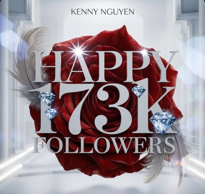 The image shows a celebratory graphic featuring a red rose with silver text reading "HAPPY 7.3K FOLLOWERS" by Kenny Nguyen, decorated with sparkling diamonds and feathers. The post celebrates reaching a follower milestone, though the image shows 7.3K while the caption mentions 7.4K new followers.