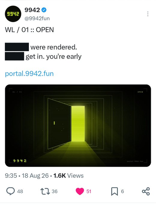 A tweet from verified account @9942fun announces "WL / 01 :: OPEN" with text about renderings and early access, featuring an image of a glowing yellow doorway and the link portal.9942.fun.