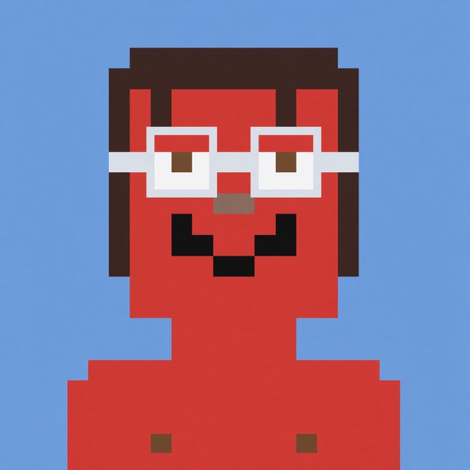 A pixel art portrait of a red-skinned character with dark hair, a small black mustache, and white-framed glasses against a solid blue background.