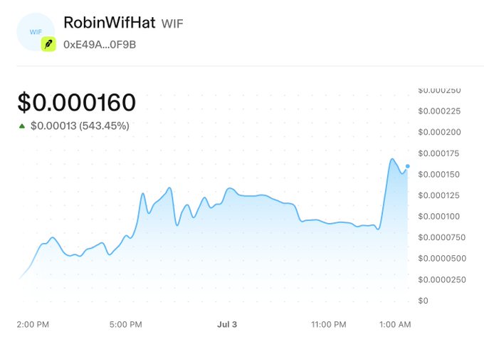 A screenshot of a RobinWifHat (WIF) token price chart showing the meme coin's value at $0.000160, up $0.00013 (543.45%) over approximately 12 hours from 2:00 PM to 1:00 AM on July 3rd. The dramatic spike visible at the end of the chart appears to support the post's implication that the token is experiencing notable momentum worth attention.