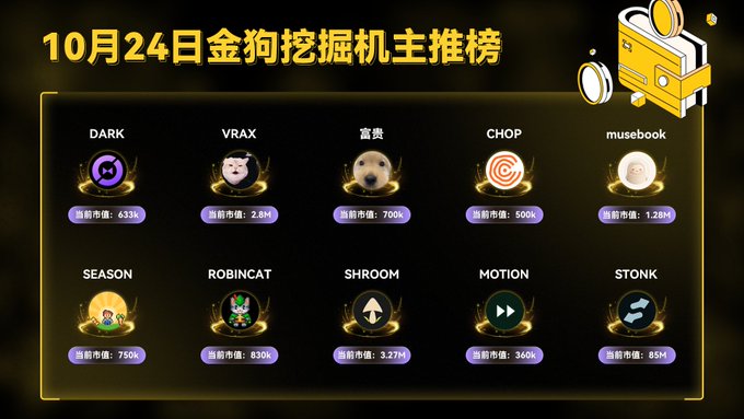 A Chinese leaderboard titled “10月24日金狗挖掘机主推榜” lists DARK, VRAX, 富贵, CHOP, musebook, SEASON, ROBINCAT, SHROOM, MOTION, and STONK with current market values.