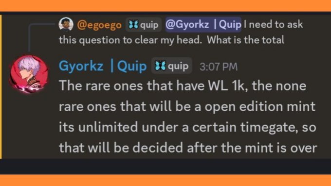 A screenshot of a Discord conversation where user @egoego asks a question, and user Gyorkz | Quip replies, "The rare ones that have ML 1k, the none rare ones that will be a open edition mint its unlimited under a certain timegate, so that will be decided after the mint is over".