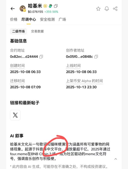 A mobile screenshot of the '哈基米' (Hajimi) token page showing a price of $0.076155 (+359.98%), contract address details, and an AI-generated narrative about its origin on the BNB Chain, with the name highlighted in red.