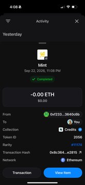 A mobile app screenshot shows a completed Mint transaction of -0.00 ETH ($0.00) on Ethereum network, sent from address 0xf233...3640db to user 'You' on Sep 22, 2026.