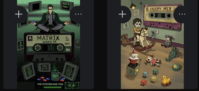 Two NFT collection thumbnails: left features a Matrix-themed 'Wake Up' cassette tape with a meditating figure, right shows a 'Creepy Mix' children-themed illustration with toys and bears.