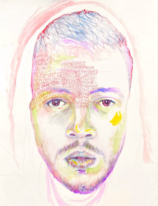 A watercolor portrait of a man's face features colorful artistic elements, with text including 'NO PROBLEMS WILL EVER FOREVER' written across his forehead.