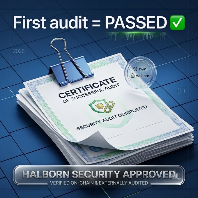The image displays a promotional announcement that "First audit = PASSED ✅" for the project "1win," featuring a stack of "Certificate of Successful Audit" documents held together by a binder clip, with a green shield icon and "Security Audit Completed" text.

The visual reinforces the post's message by showcasing official-looking audit certification documents alongside badges reading "1win Halborn," "Halborn Security Approved," and "Verified On-Chain & Externally Audited," symbolizing that 1win has successfully completed its first security audit by Halborn Security with 100% of findings addressed.