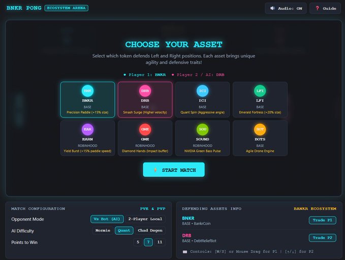 A modern Pong game interface titled "BNKR PONG - ECOSYSTEM ARENA" displays a "CHOOSE YOUR ASSET" screen where players can select from token-based paddles including BNKR, DRB, ICE, LFI, KAWA, GMB, SOUND, and BOTS, each offering unique defensive traits like "Precision Paddle" or "Smart Surge." Player 1 has selected BNKR while Player 2/AI uses DRB, with match configuration set to "Vs Bot (AI)" mode at "Normal" AI difficulty, playing to 5 points in this 2-Player Local setup.