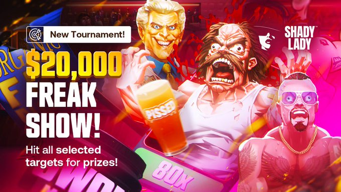 The promotional image features cartoonish characters with exaggerated expressions alongside bold text announcing the "$20,000 FREAK SHOW!" tournament by Shady Lady. The caption aligns with the post's invitation to enter the "madhouse" tournament and smash target multipliers for a share of the prize pool, with a playful, chaotic aesthetic matching the "rogue" and "freak" theme.