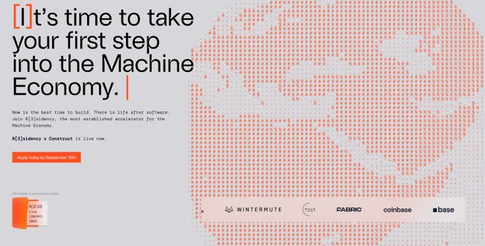 The image is a promotional banner with orange dot-matrix graphics reading "It's time to take your first step into the Machine Economy," advertising an R[3]sidency x Construct accelerator program with a September 15th deadline. It displays sponsor logos including Wintermute, Fabric (test), FabrIo, Coinbase, and Base, with details of "R3.05 Live Unlimted DNA" in the corner, directly supporting the post's announcement of the $300k accelerator collaboration between Fabric VC and Wintermute.