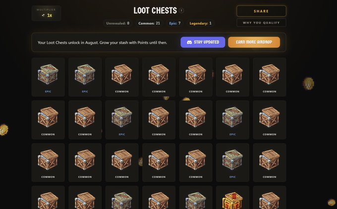 A 'Loot Chests' screen displays a grid of wooden crates labeled Common and Epic, with stats showing 8 Unrevealed, 21 Common, 7 Epic, and 1 Legendary.