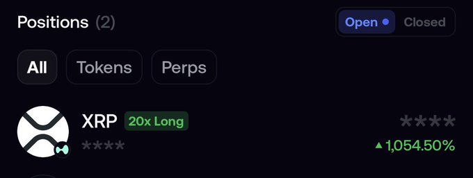 A trading positions dashboard displays two open positions, including a 20x long on XRP showing a 1,054.50% gain, reflecting the user's amazement at the token's explosive price surge.