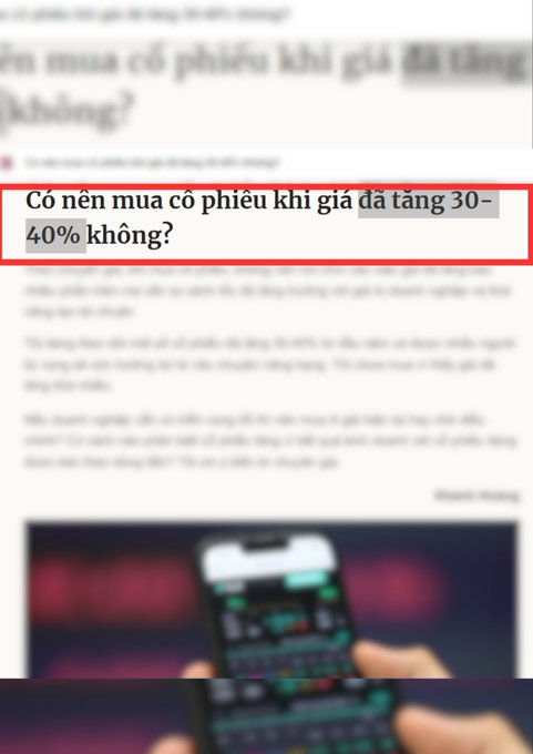 A Vietnamese article with the highlighted headline 'Có nên mua cổ phiếu khi giá đã tăng 30-40% không?' (Should you buy stocks when the price has already risen 30-40%?), shown above a blurred stock chart image.