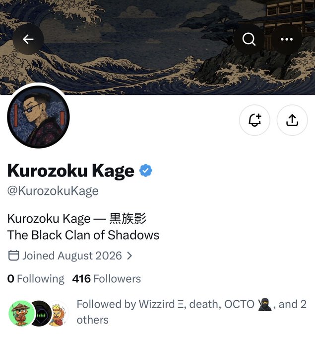 A Twitter/X profile for verified user "Kurozoku Kage" (@KurozokuKage), "The Black Clan of Shadows," featuring an anime-style avatar of a figure with glasses against a backdrop reminiscent of "The Great Wave off Kanagawa," with 416 followers. The post announces an early alpha NFT collection on ETH chain with TBA supply and mint price, highlighting the anime art style and the opportunity to enter at its current low follower count.