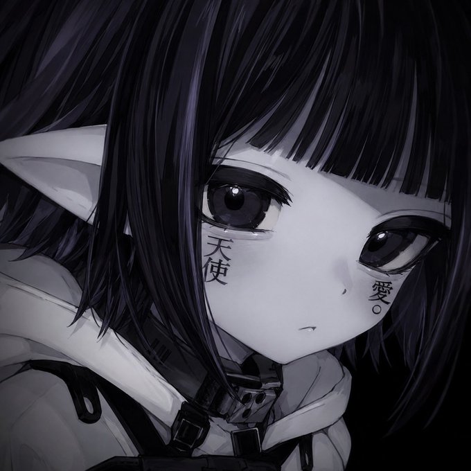 A monochromatic anime-style illustration of a girl with dark hair and large eyes, featuring Japanese kanji characters (天使 - angel, 愛 - love) under her eyes.
