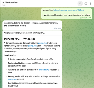 A Telegram chat with bot "AzFin-OpenClaw" displays an explanation of "PumpRPG," a gamified area on Solana where users turn pump.fun traders into fighters with combat stats and betting mechanics.