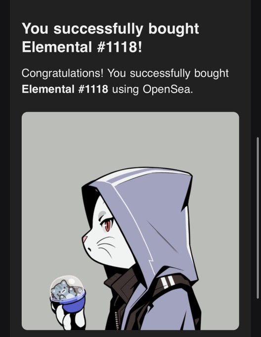 An OpenSea notification confirms 'You successfully bought Elemental #1118!' featuring an illustration of a hooded character holding a small snow globe.