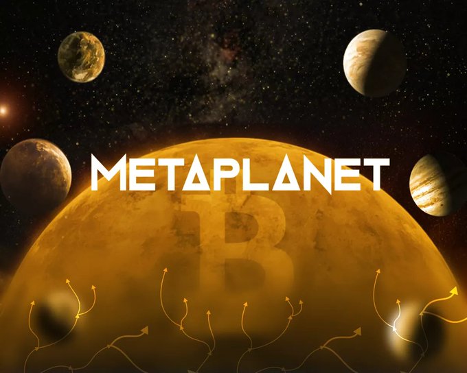 A promotional graphic for 'METAPLANET' featuring a large sun-like planet and surrounding celestial bodies in space with arrows pointing upward.