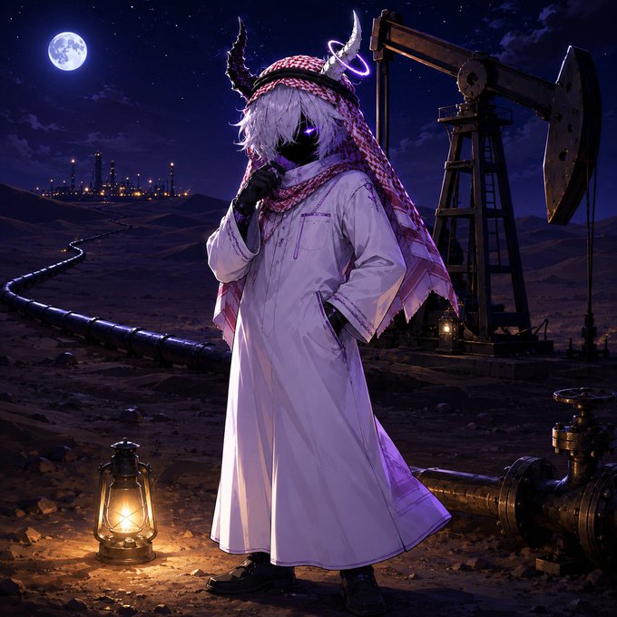 An anime-style character with horns and a glowing halo stands in a desert landscape at night, wearing a white robe and a red checkered headscarf, with an oil pump jack and a lantern nearby.