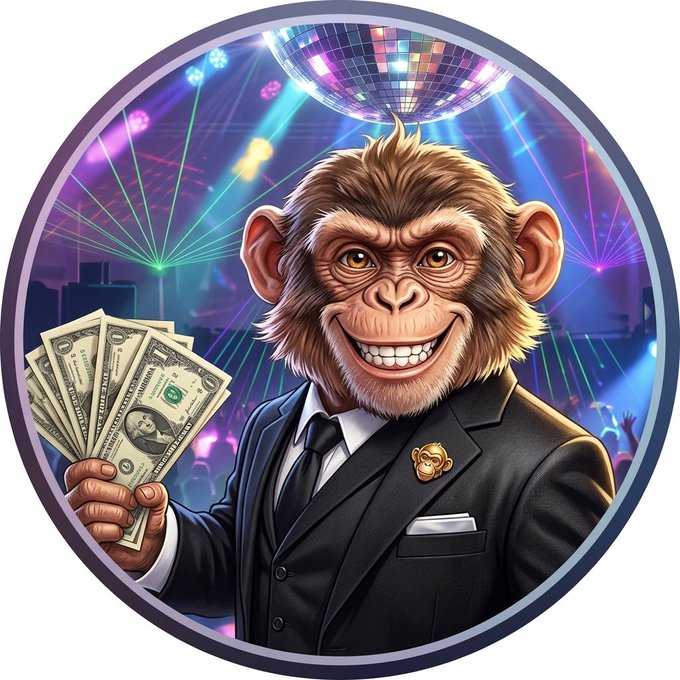 A cartoon illustration of a smiling monkey wearing a black suit and tie with a small monkey lapel pin, holding a fan of US dollar bills in a nightclub setting with a disco ball and laser lights.
