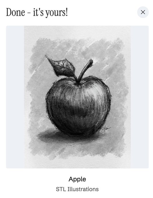 A completed digital illustration of an apple in grayscale charcoal style, labeled 'Done - it's yours!' at the top, with the caption 'Apple' and 'STL Illustrations' below.