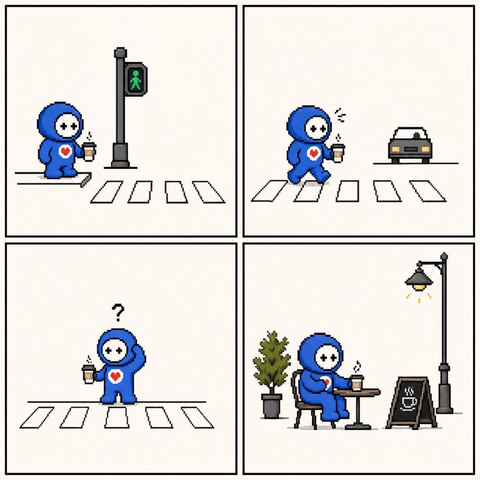 A four-panel comic featuring a blue character with a heart on its chest holding a coffee cup at a crosswalk: waiting at a green light, crossing despite an approaching car, being hit (indicated by sweat drops), and ending up seated at a coffee shop across from the crosswalk with a question mark.