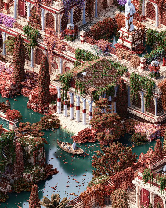A serene isometric digital artwork of a Greco-Roman garden with a small boat drifting through teal waters amid overgrown ruins, paired with a "gm" (good morning) post to evoke a peaceful start to the day.
