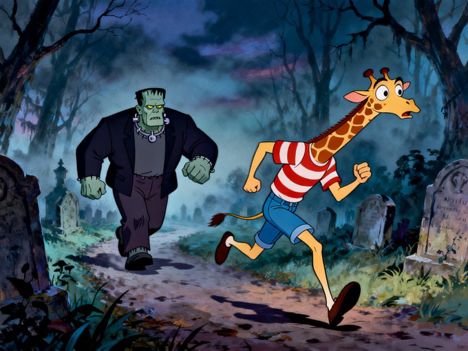 A cartoon-style illustration depicting Frankenstein's monster chasing a giraffe in a red striped shirt through a spooky, moonlit graveyard.