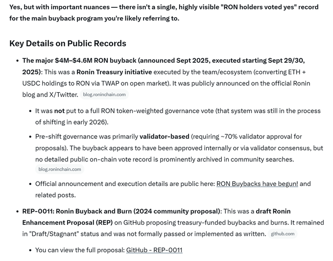 The image shows a screenshot of a document posted on a platform with details about the approval process for community governance, specifically the approval of a buyback plan by the Ronin Treasury, which uses stablecoins from the Ronin Treasury as payment. The text on the screen provides information about this process and how it is relevant to the post.