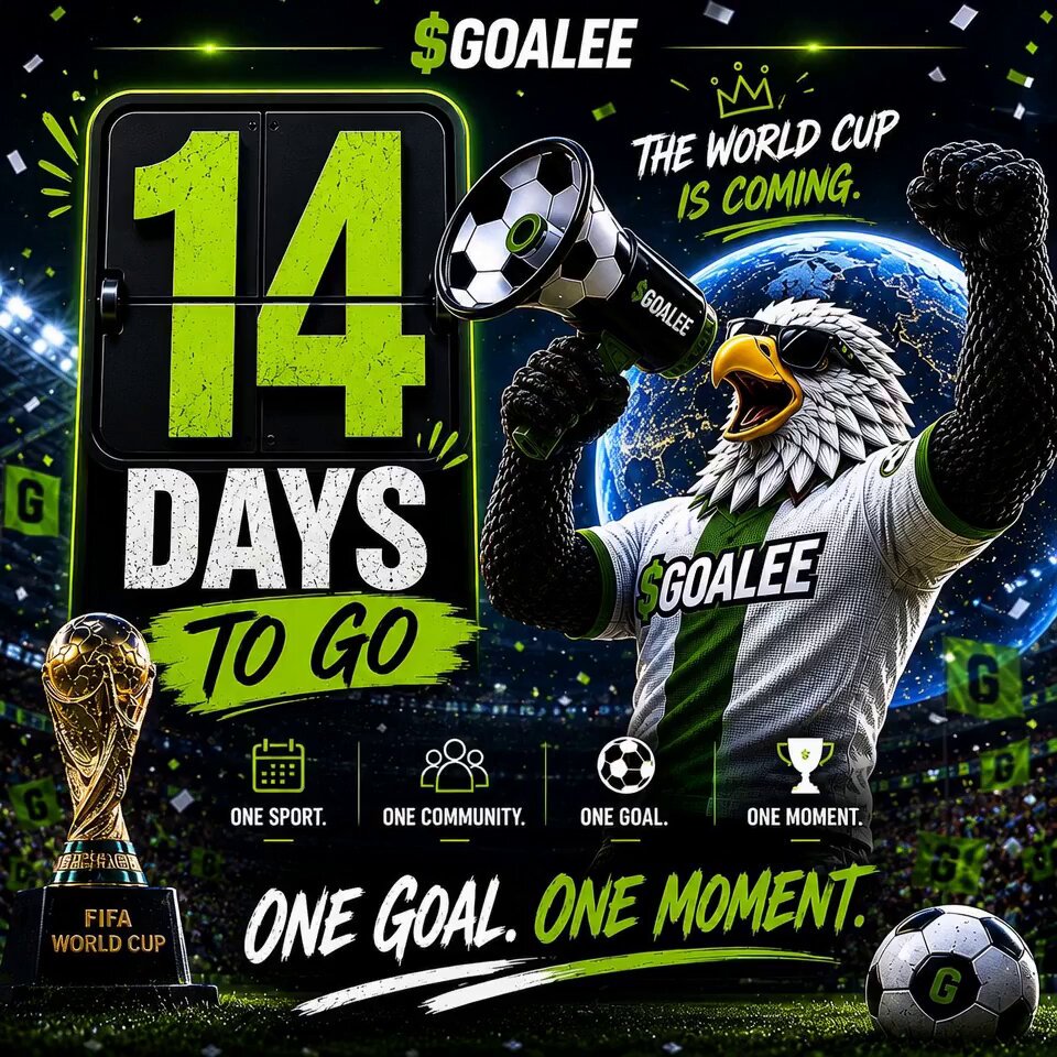 The image features a poster for the FIFA World Cup, with an eagle holding a soccer ball and a trophy. The poster includes text that announces "14 days to go" and encourages people to participate in the event by purchasing tickets or joining the community. The poster also mentions a specific hashtag (#solana) and a website (www.GoaleeHQ.com).